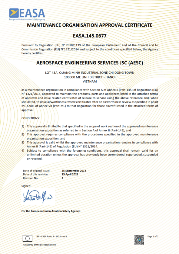 EASA Maintenance Organization Approval Certificate